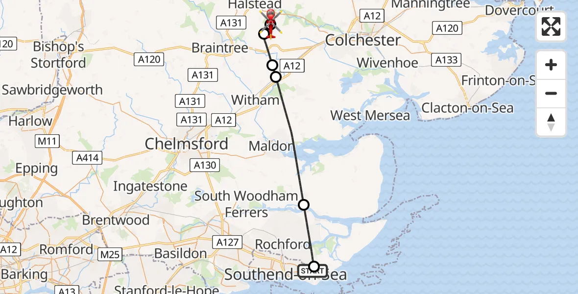 Flight route Air Ambulance Helicopter Shoeburyness - Earls Colne Airfield, 11 July 2026, 17:22