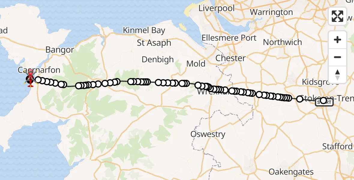Flight route Air Ambulance Helicopter University Hospital North Staffs - Caernarfon Airport, 11 July 2026, 17:24