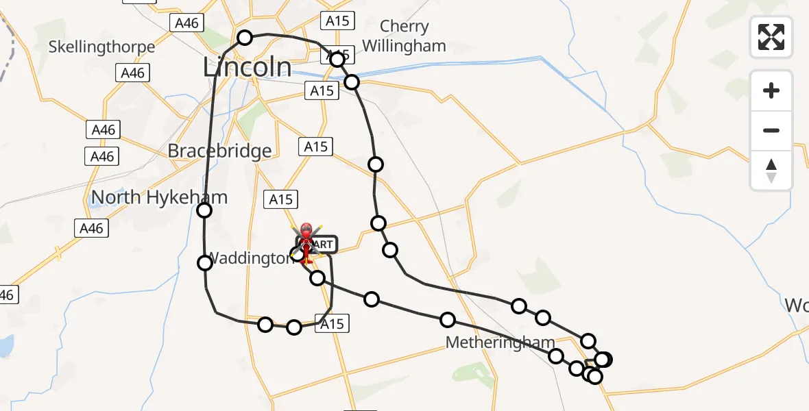 Flight route Air Ambulance Helicopter North Kesteven - North Kesteven, 11 July 2026, 17:28