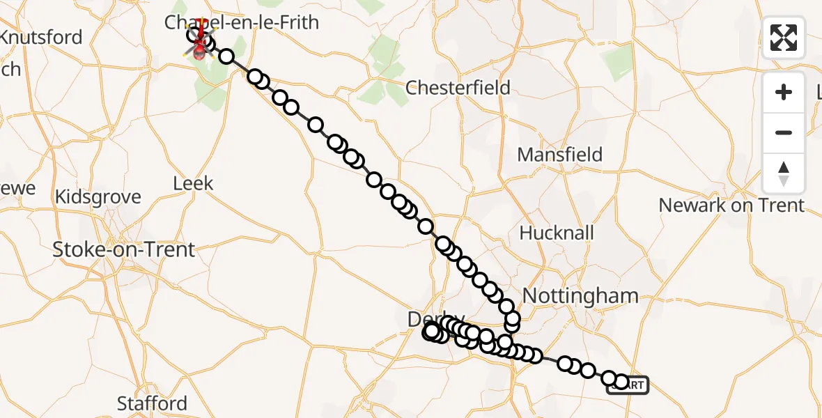 Flight route Air Ambulance Helicopter Willoughby on the Wolds - High Peak, 11 July 2026, 17:34