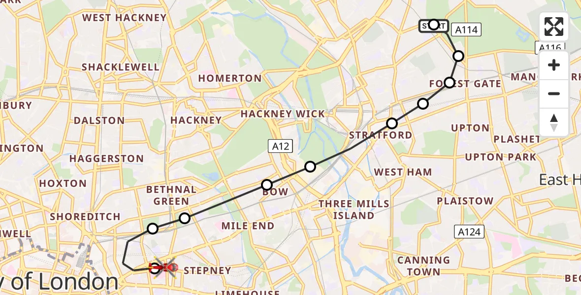 Flight route Air Ambulance Helicopter Leytonstone - Royal London Hospital, 11 July 2026, 17:35