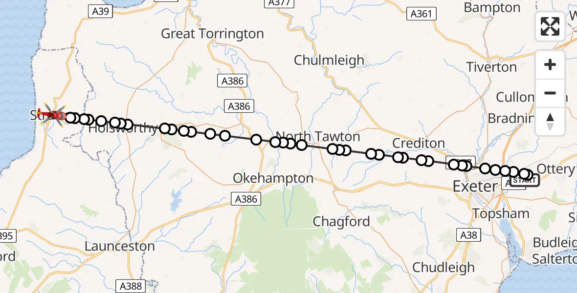 Flight route Air Ambulance Helicopter Exeter International Airport - Stratton, 11 July 2026, 17:39