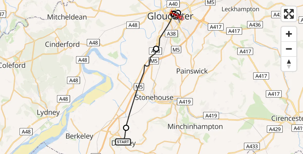 Flight route Air Ambulance Helicopter Dursley - Gloucester, 11 July 2026, 17:43
