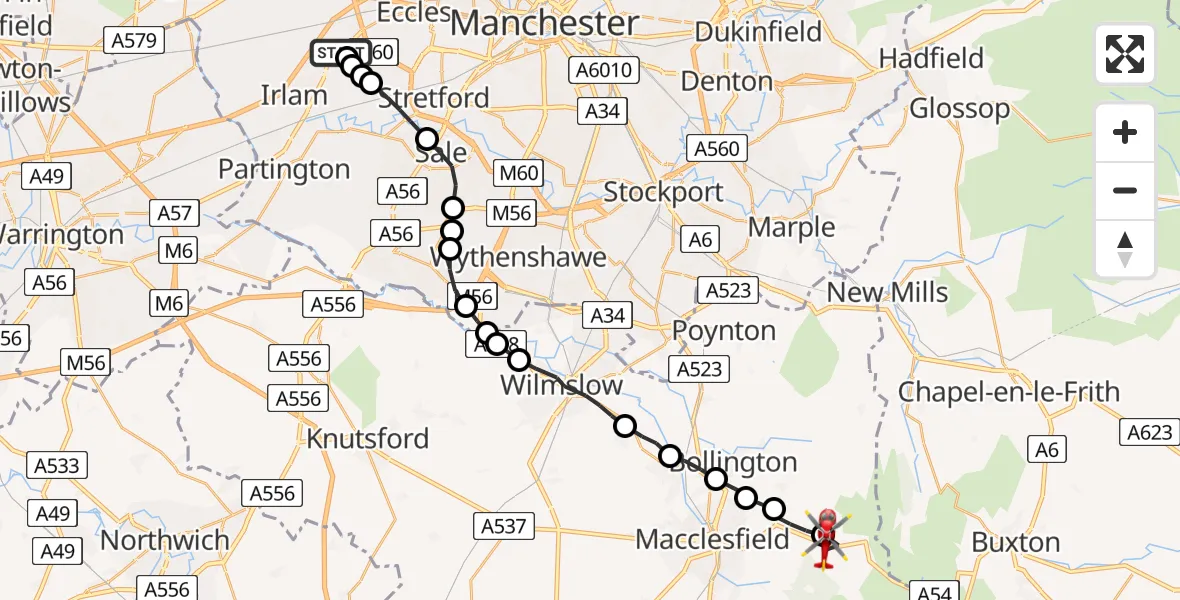 Flight route Air Ambulance Helicopter Manchester Barton Aerodrome - Macclesfield Forest and Wildboarclough, 11 July 2026, 18:02