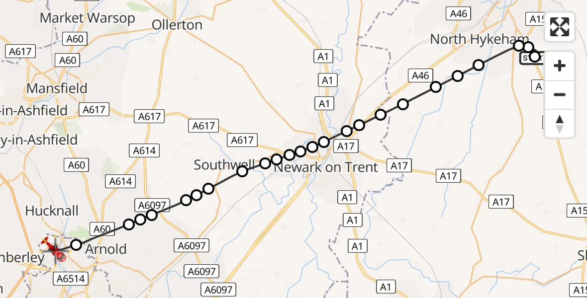 Flight route Air Ambulance Helicopter RAF Waddington - Bulwell, 11 July 2026, 18:14
