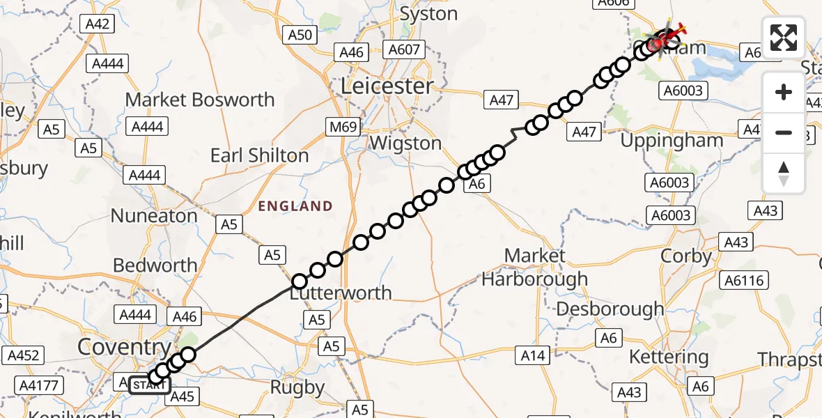 Flight route Air Ambulance Helicopter Coventry Airport - Oakham, 11 July 2026, 18:19