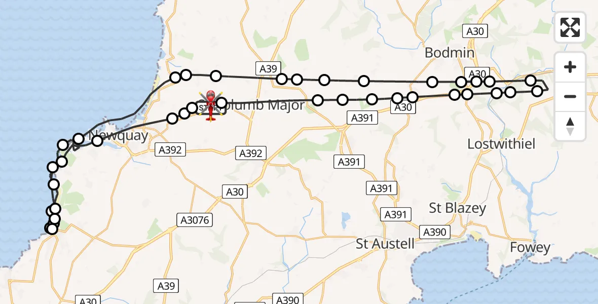 Flight route Air Ambulance Helicopter Cornwall Airport Newquay - Cornwall Airport Newquay, 11 July 2026, 18:19
