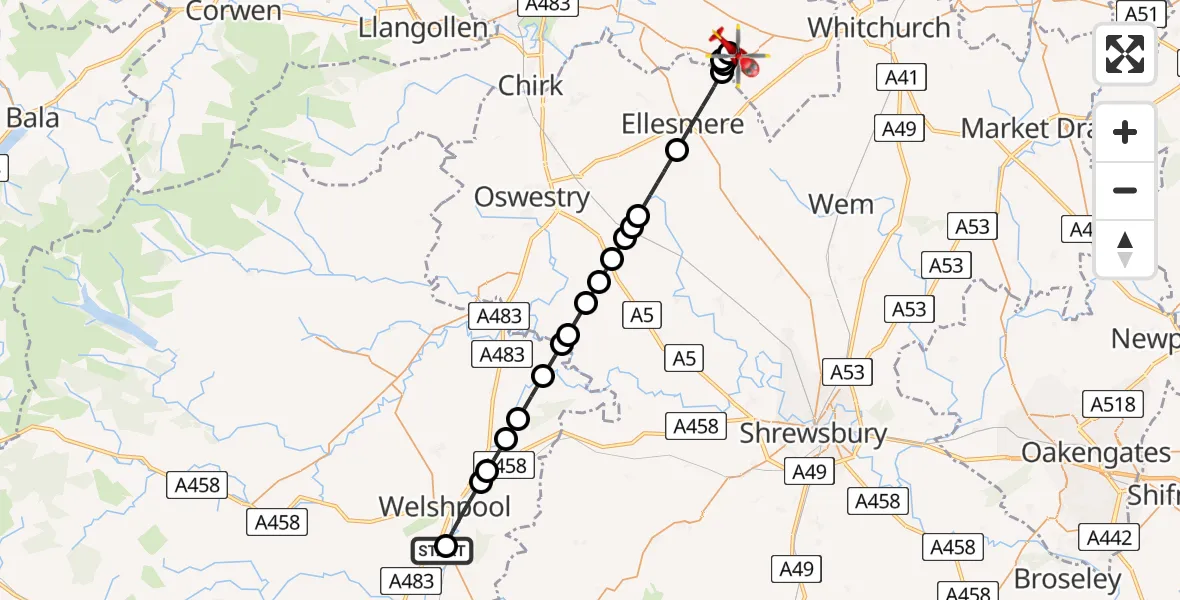 Flight route Air Ambulance Helicopter Welshpool Airport - Maelor South, 11 July 2026, 18:25