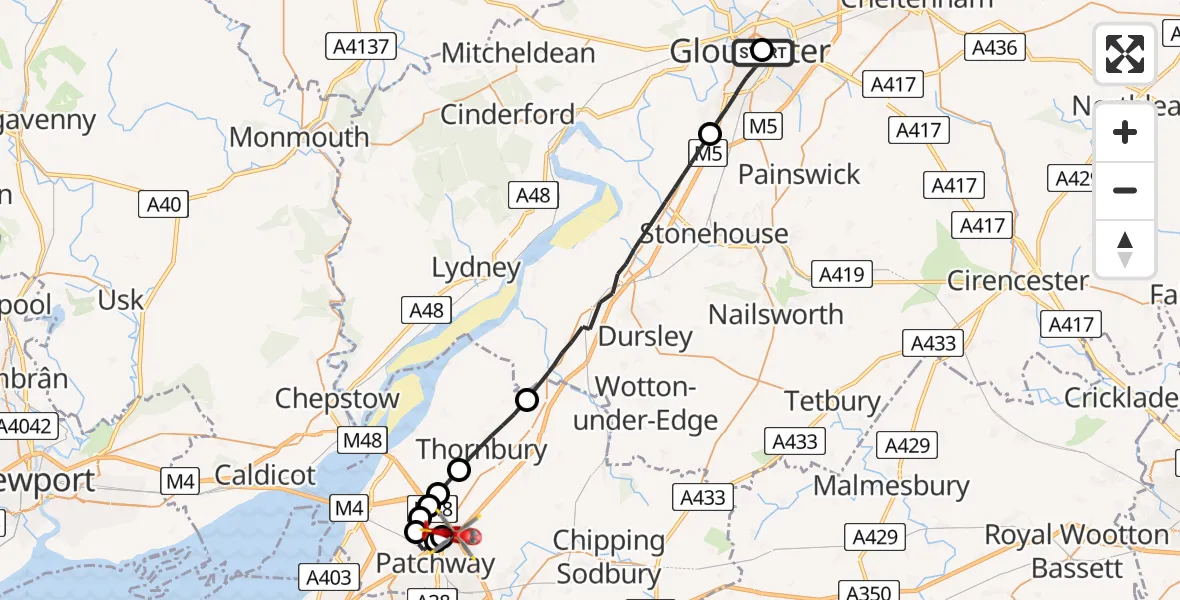 Flight route Air Ambulance Helicopter Gloucester Royal Hospital - Almondsbury Helicopter Base, 11 July 2026, 18:46