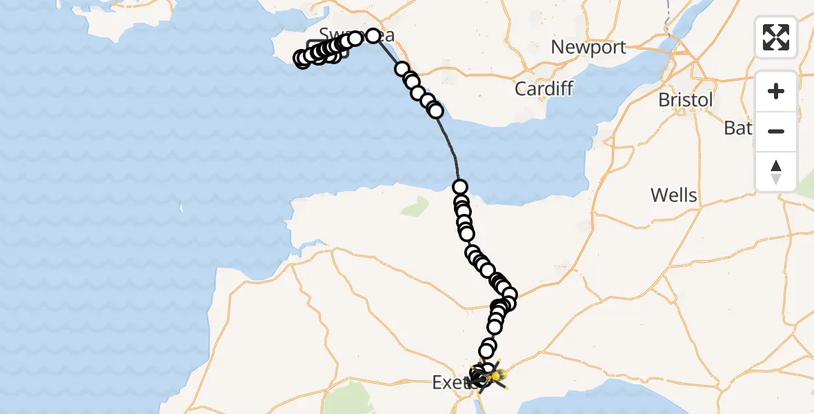 Flight route Police Helicopter Parkmill - Exeter International Airport, 11 July 2026, 18:49
