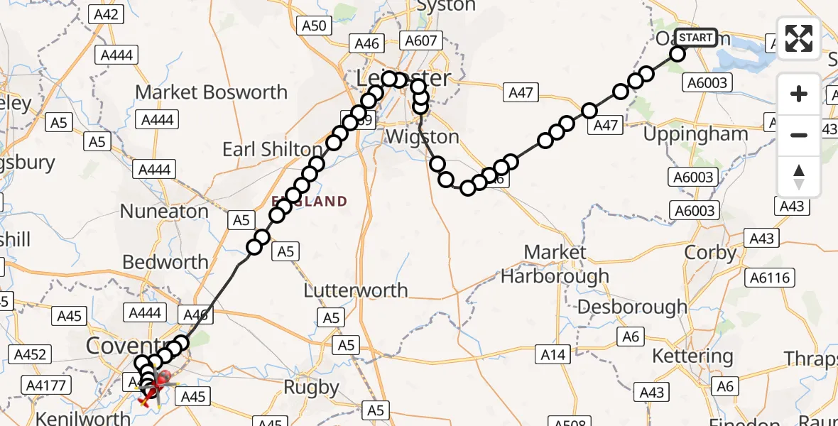 Flight route Air Ambulance Helicopter Oakham - Coventry Airport, 11 July 2026, 18:55