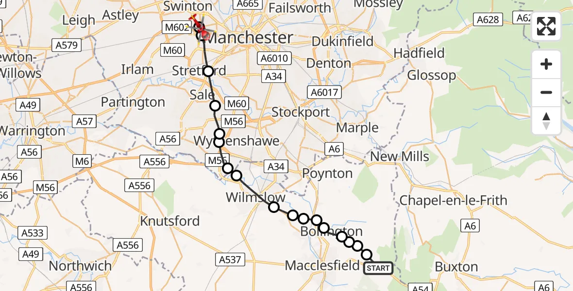 Flight route Air Ambulance Helicopter Macclesfield Forest and Wildboarclough - Pendlebury, 11 July 2026, 19:06