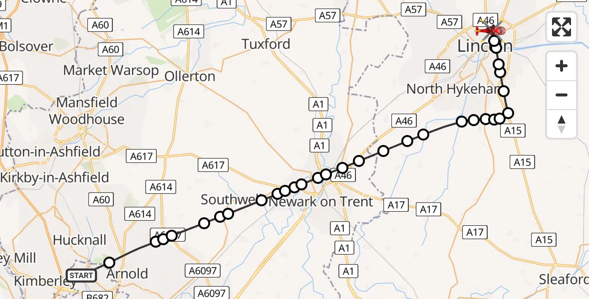 Flight route Air Ambulance Helicopter Bulwell - Lincoln, 11 July 2026, 19:09
