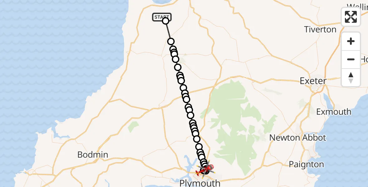 Flight route Air Ambulance Helicopter Parkham Ash - Derriford Hospital, 11 July 2026, 19:12
