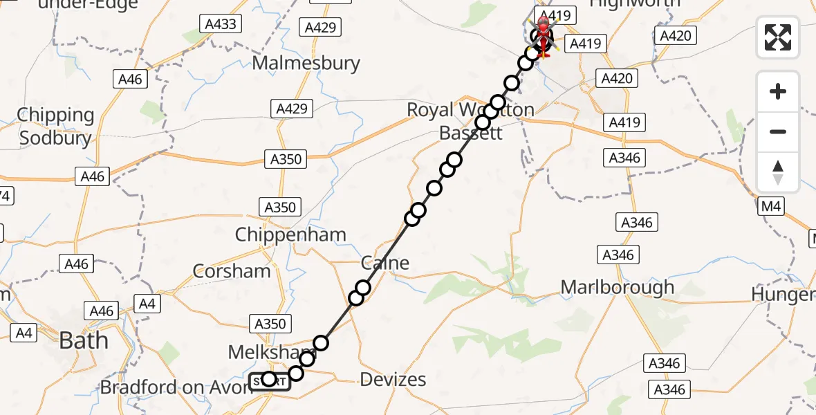 Flight route Air Ambulance Helicopter Wiltshire Air Ambulance - Blunsdon St Andrew, 11 July 2026, 19:22