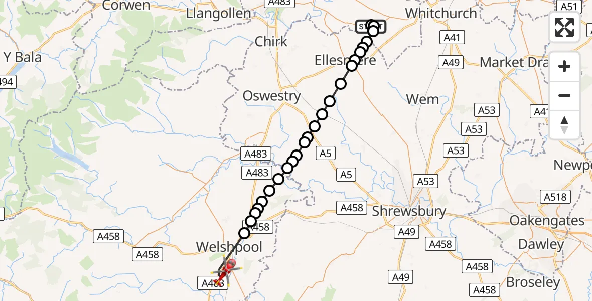 Flight route Air Ambulance Helicopter Penley - Welshpool Airport, 11 July 2026, 19:35