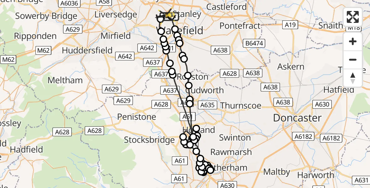 Flight route Police Helicopter Wrenthorpe - East Ardsley, 11 July 2026, 19:42