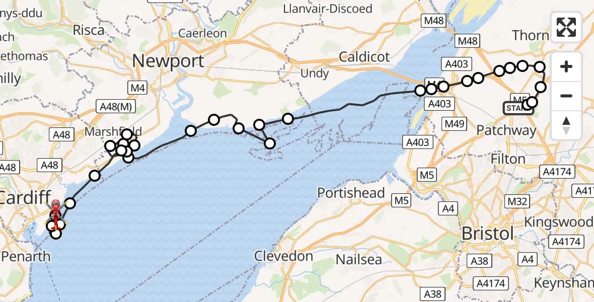 Flight route Air Ambulance Helicopter Almondsbury Helicopter Base - Cardiff Heliport, 11 July 2026, 19:42