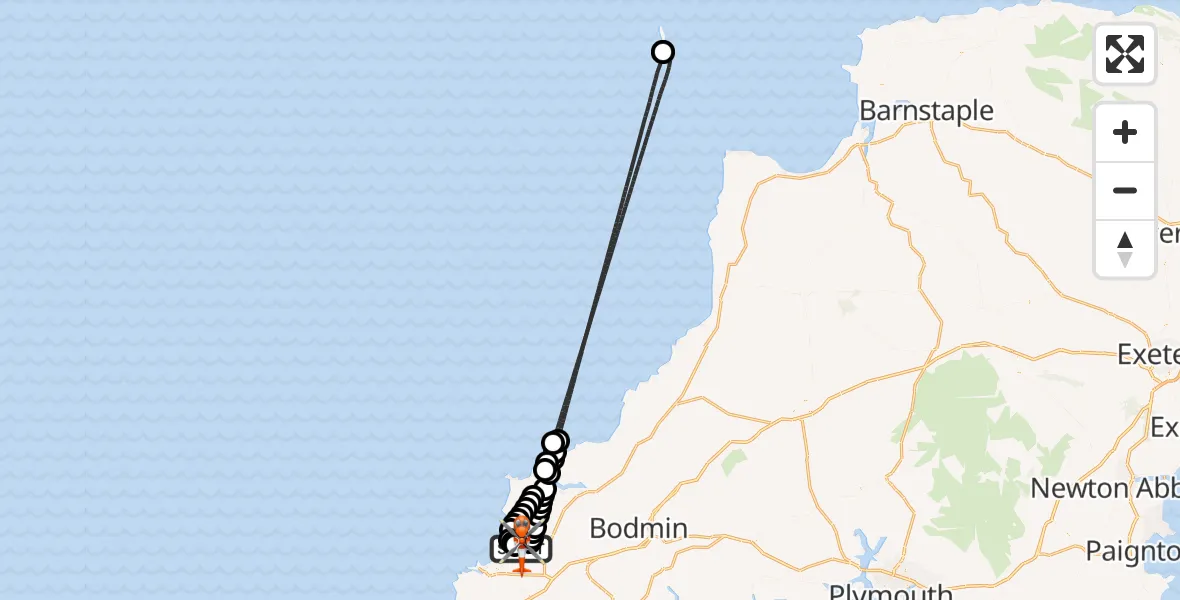 Flight route Coastguard Helicopter Cornwall Airport Newquay - Cornwall Airport Newquay, 11 July 2026, 19:50