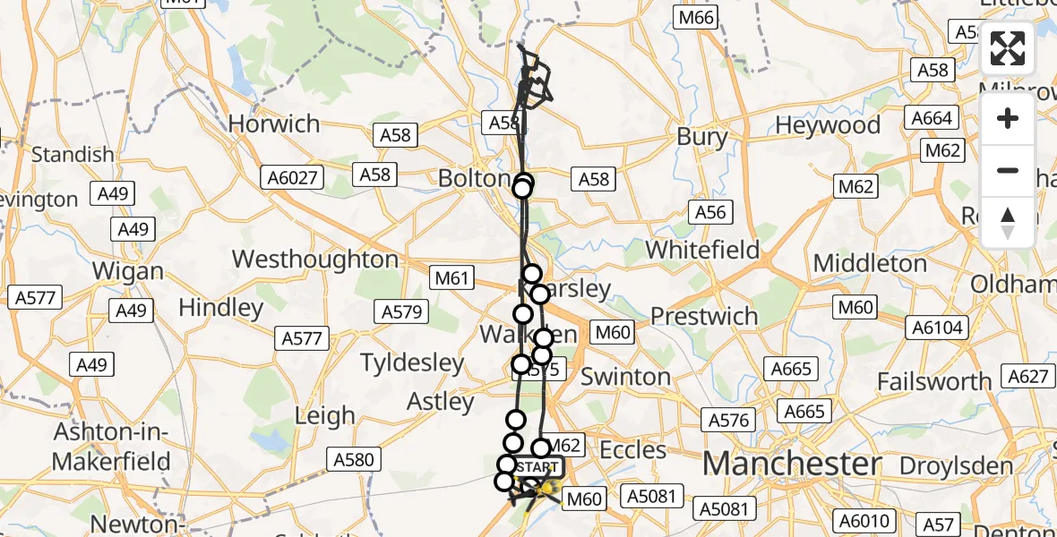 Flight route Police Helicopter Worsley - Manchester Barton Aerodrome, 11 July 2026, 20:01