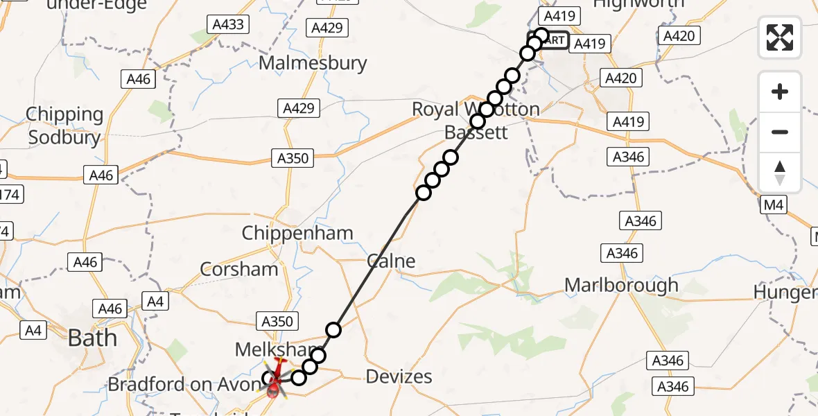Flight route Air Ambulance Helicopter Blunsdon St Andrew - Wiltshire Air Ambulance, 11 July 2026, 20:01