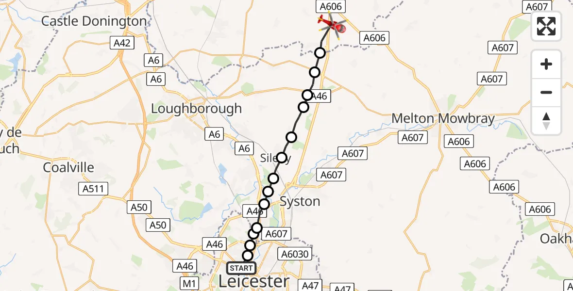 Flight route Air Ambulance Helicopter Newfoundpool - Nottingham Heliport, 11 July 2026, 20:02