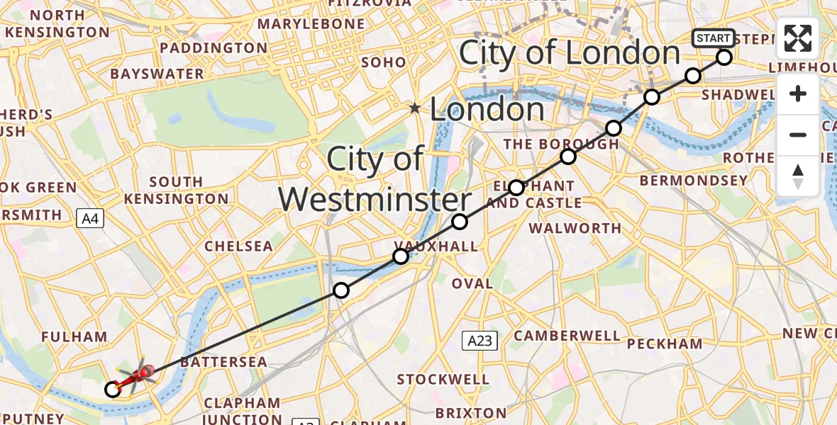 Flight route Air Ambulance Helicopter Royal London Hospital - Wandsworth, 11 July 2026, 20:03