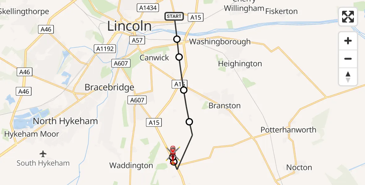 Flight route Air Ambulance Helicopter Lincoln - North Kesteven, 11 July 2026, 20:10