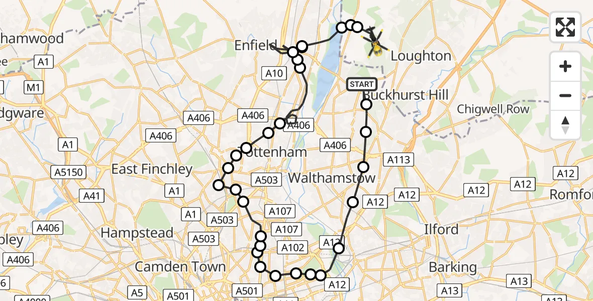 Flight route Police Helicopter Chingford - Metropolitan Police Air Support Unit Lippitts Hill, 11 July 2026, 20:13