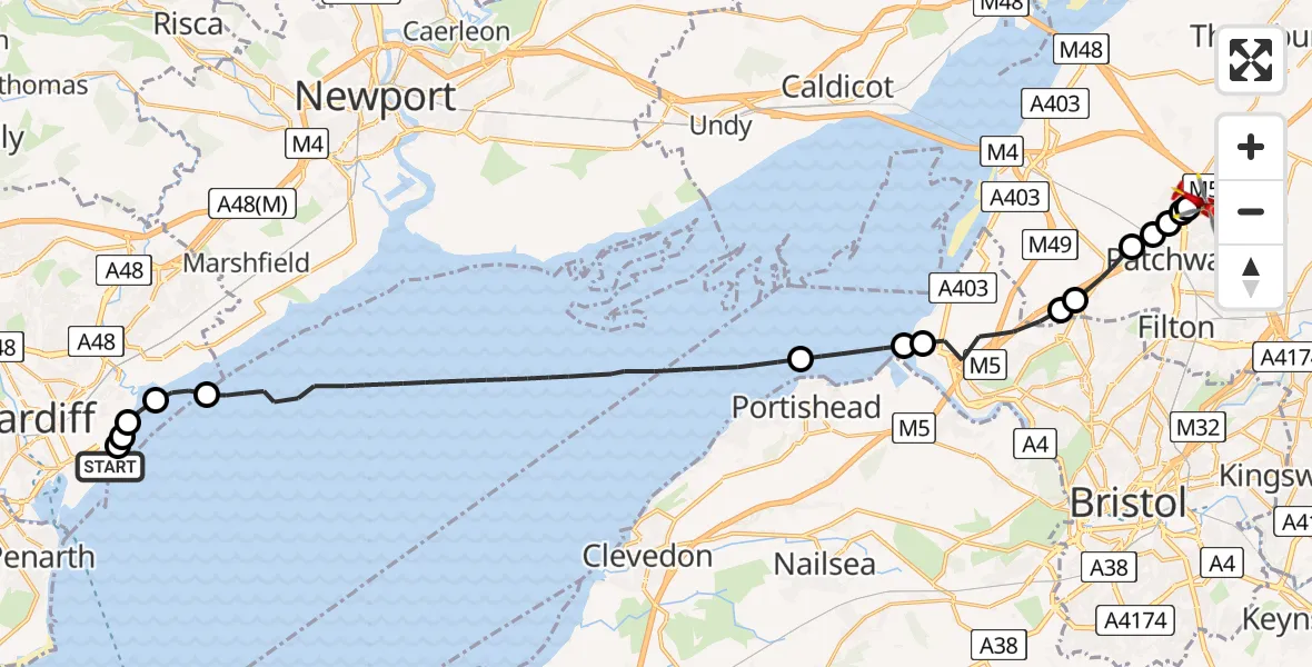 Flight route Air Ambulance Helicopter Cardiff Heliport - Almondsbury Helicopter Base, 11 July 2026, 20:22