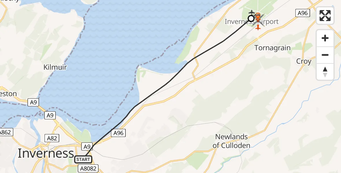 Flight route Coastguard Helicopter Inverness - Inverness Airport, 11 July 2026, 20:30