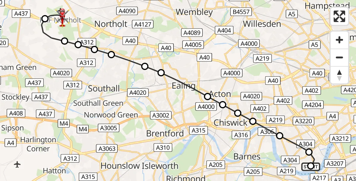 Flight route Air Ambulance Helicopter Fulham - RAF Northolt, 11 July 2026, 20:38