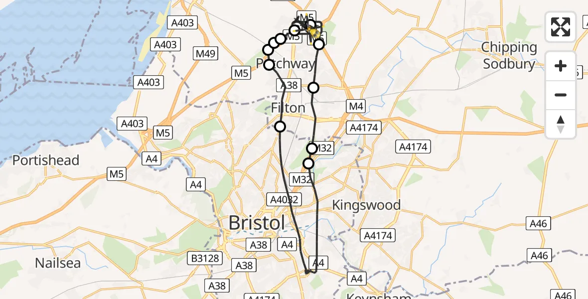 Flight route Police Helicopter Almondsbury Helicopter Base - Almondsbury Helicopter Base, 11 July 2026, 21:09