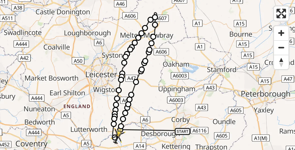 Flight route Police Helicopter Newton and Little Oakley - Harborough, 11 July 2026, 21:29