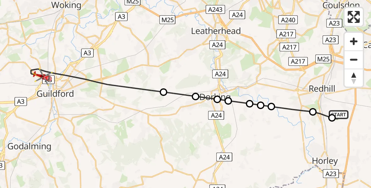 Flight route Air Ambulance Helicopter Redhill Aerodrome - Guildford, 11 July 2026, 21:48