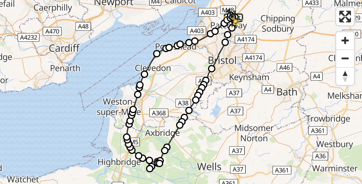 Flight route Police Helicopter Almondsbury Helicopter Base - Almondsbury Helicopter Base, 11 July 2026, 22:06
