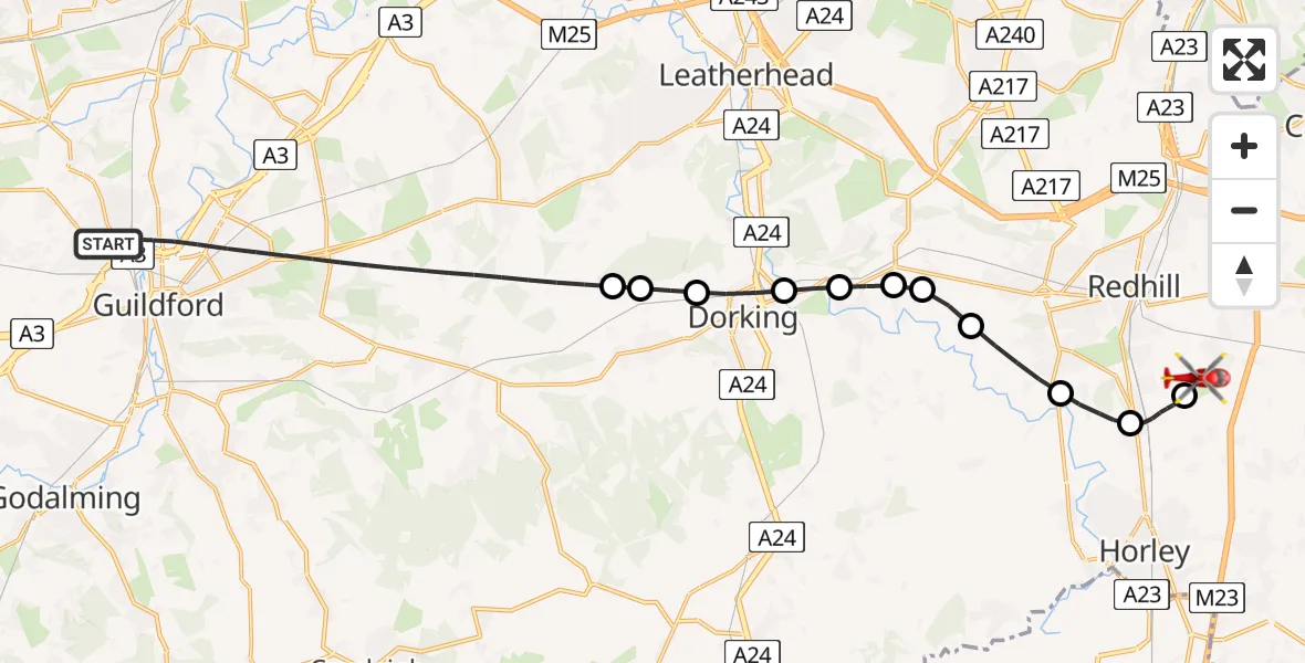 Flight route Air Ambulance Helicopter Guildford - Redhill Aerodrome, 11 July 2026, 22:49