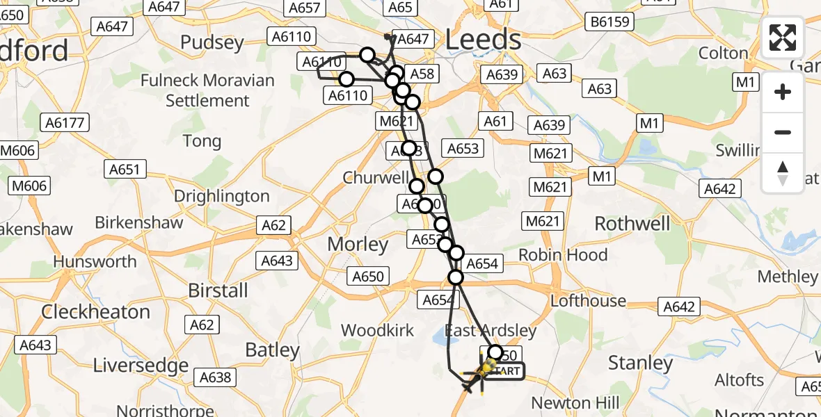Flight route Police Helicopter East Ardsley - East Ardsley, 11 July 2026, 23:49