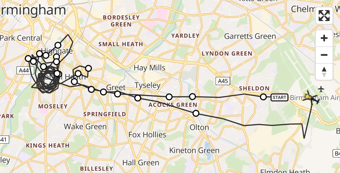 Flight route Police Helicopter Birmingham Airport - Birmingham Airport, 11 July 2026, 23:52