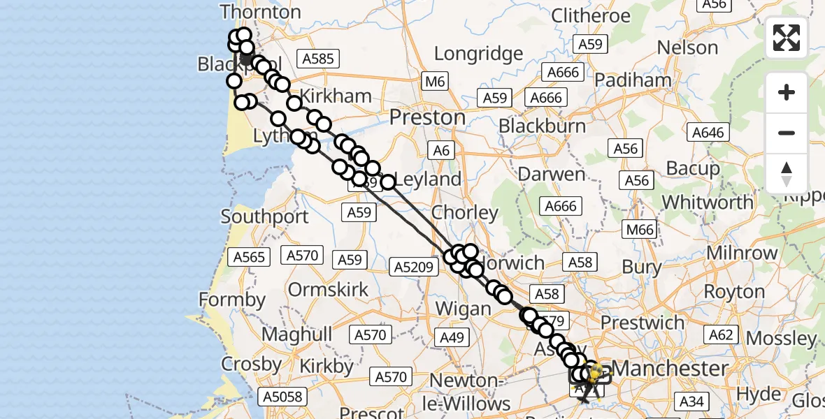 Flight route Police Helicopter Manchester Barton Aerodrome - Irlam, 12 July 2026, 00:23