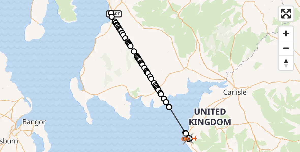 Flight route Coastguard Helicopter Glasgow Prestwick Airport - Whitehaven, 12 July 2026, 00:55