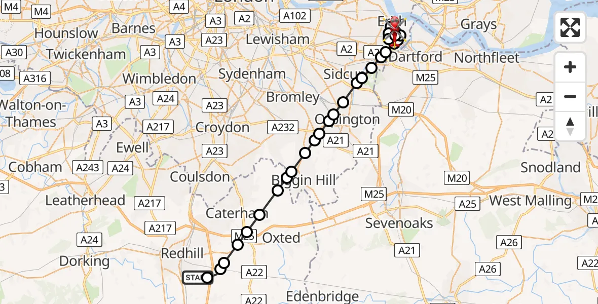 Flight route Air Ambulance Helicopter Redhill Aerodrome - Barnehurst, 12 July 2026, 01:25