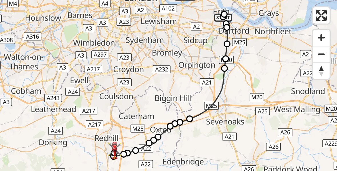Flight route Air Ambulance Helicopter North End - Redhill Aerodrome, 12 July 2026, 02:21
