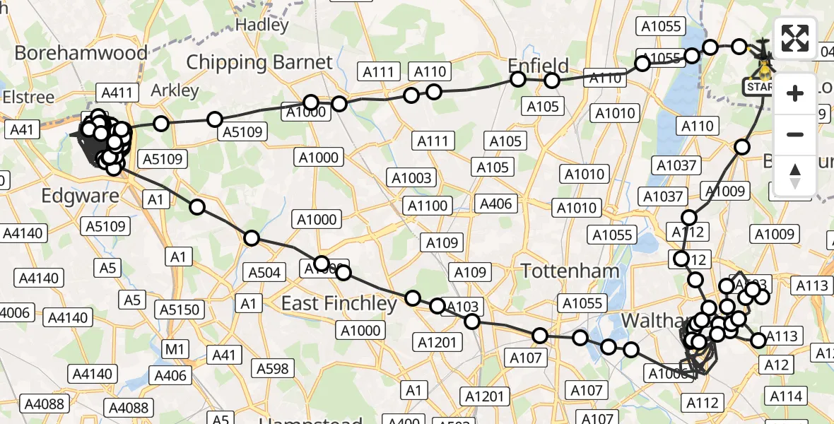 Flight route Police Helicopter Sewardstonebury - Metropolitan Police Air Support Unit Lippitts Hill, 12 July 2026, 02:33