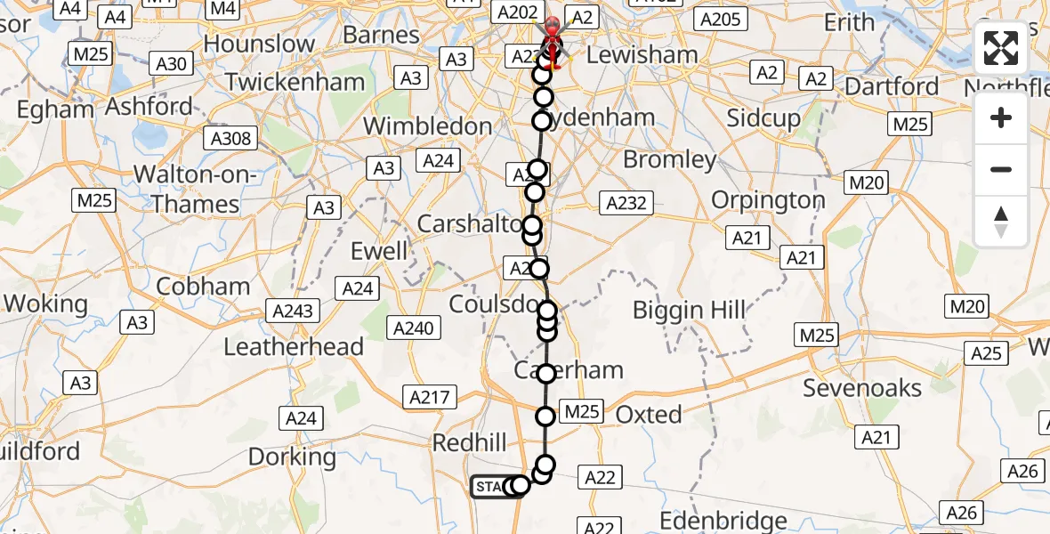 Flight route Air Ambulance Helicopter Redhill Aerodrome - Kings College London Hospital, 12 July 2026, 03:01