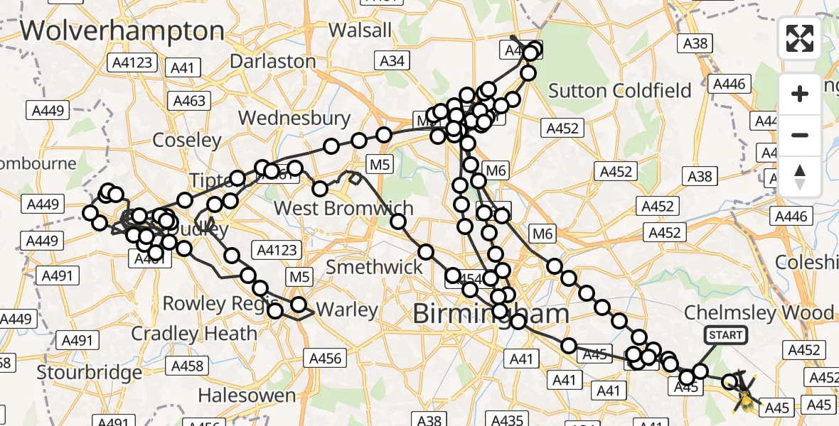Flight route Police Helicopter Tile Cross - Birmingham Airport, 12 July 2026, 03:02