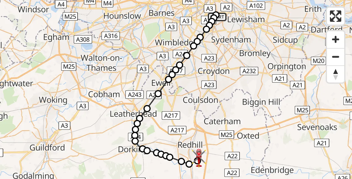 Flight route Air Ambulance Helicopter Kings College London Hospital - Redhill Aerodrome, 12 July 2026, 03:21