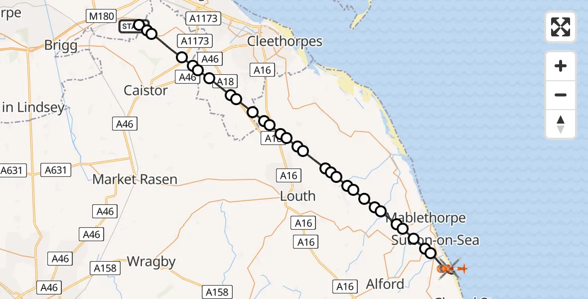 Flight route Coastguard Helicopter Humberside Airport - East Lindsey, 12 July 2026, 04:44