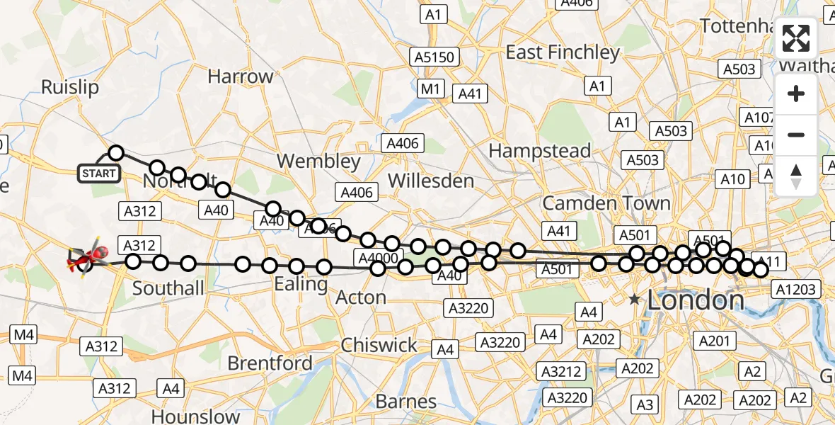 Flight route Air Ambulance Helicopter RAF Northolt - Hayes, 12 July 2026, 06:48