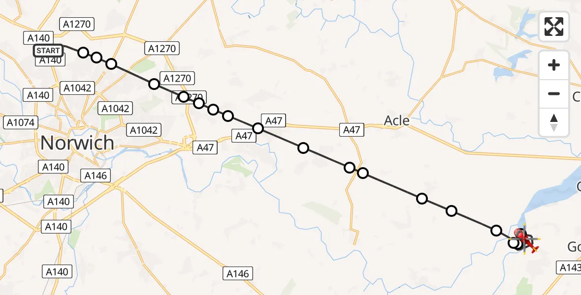 Flight route Air Ambulance Helicopter Norwich Airport - Great Yarmouth, 12 July 2026, 07:24